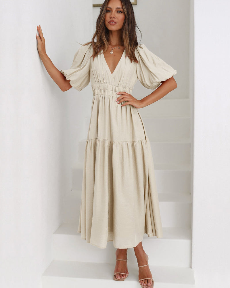 Iris | Women's Cocktail Midi Dress | Smocked V-Neck