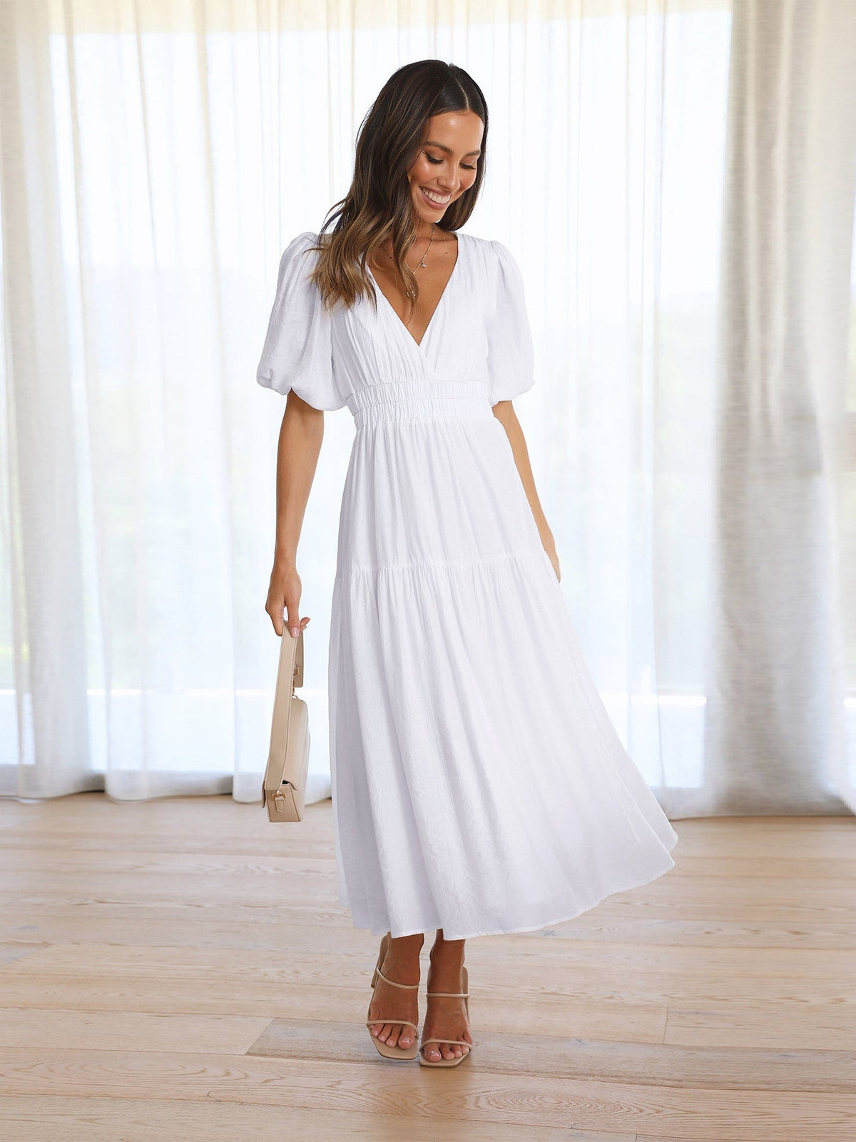 Iris | Women's Cocktail Midi Dress | Smocked V-Neck