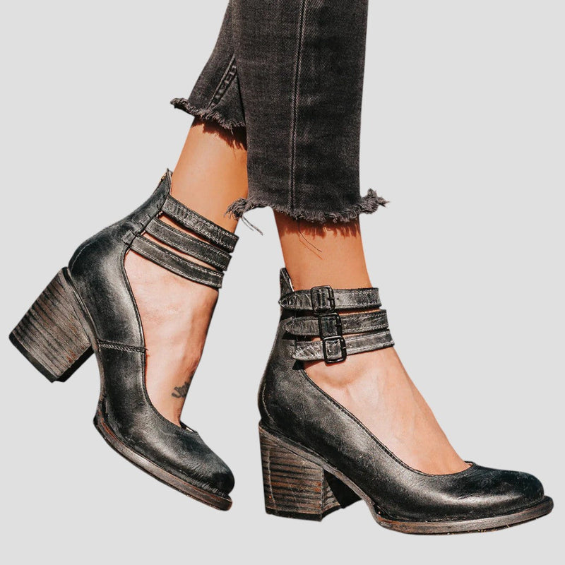 Flora | Block Heels for Women | Closed Toe Buckle Strap