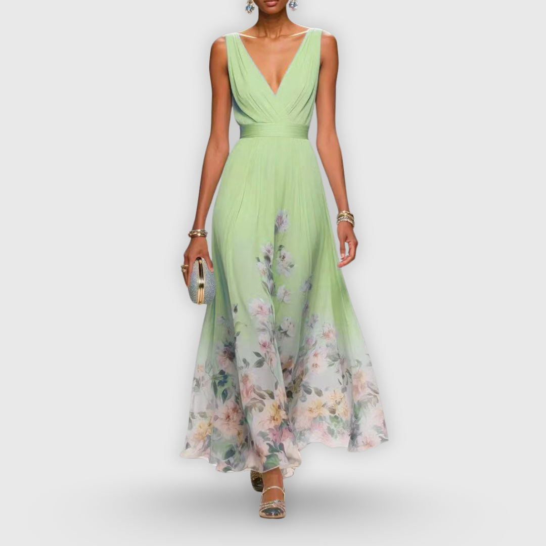 Genevieve | Women's Wedding Guest Maxi Dress | V-Neck Sleeveless Floral