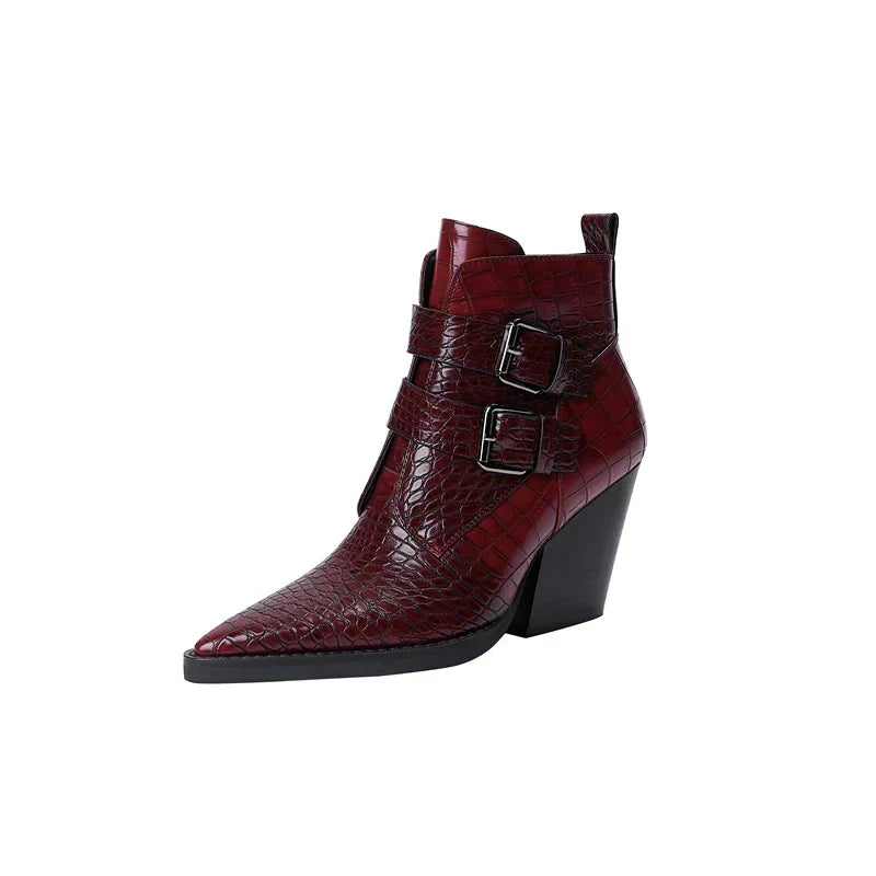 Amina | Boots For Women | Pointed Toe Ankle Block Heel With Buckle