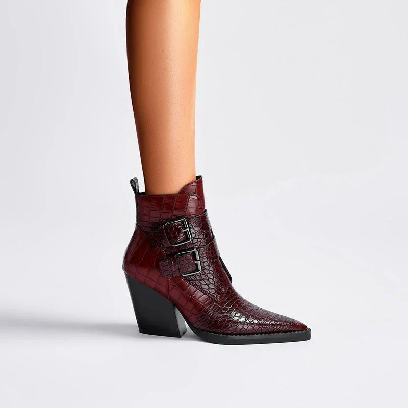 Boots For Women | Pointed Toe Ankle Block Heel With Buckle