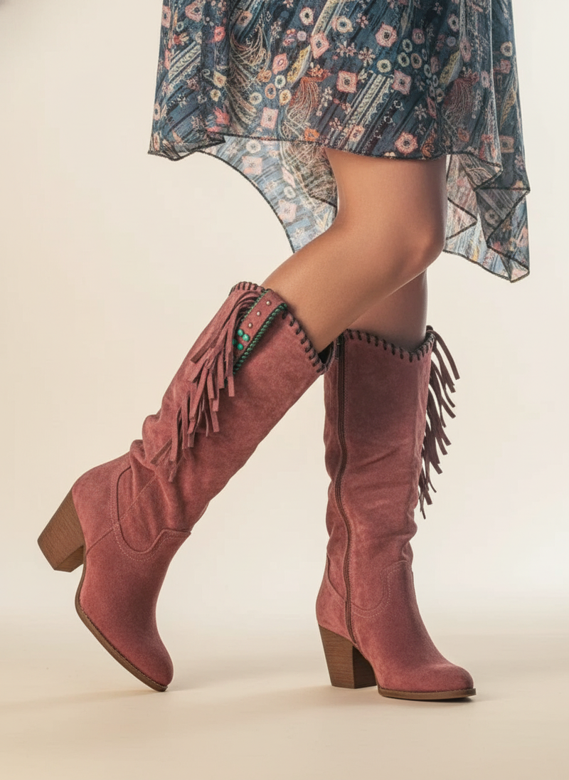 Layla | Boots For Women | Mid Calf Block Heel With Fringe Detail